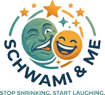 Schwami and Me logo: two laughing faces framed by a star, with the words Schwami and Me and the line Stop shrinking. Start laughing.